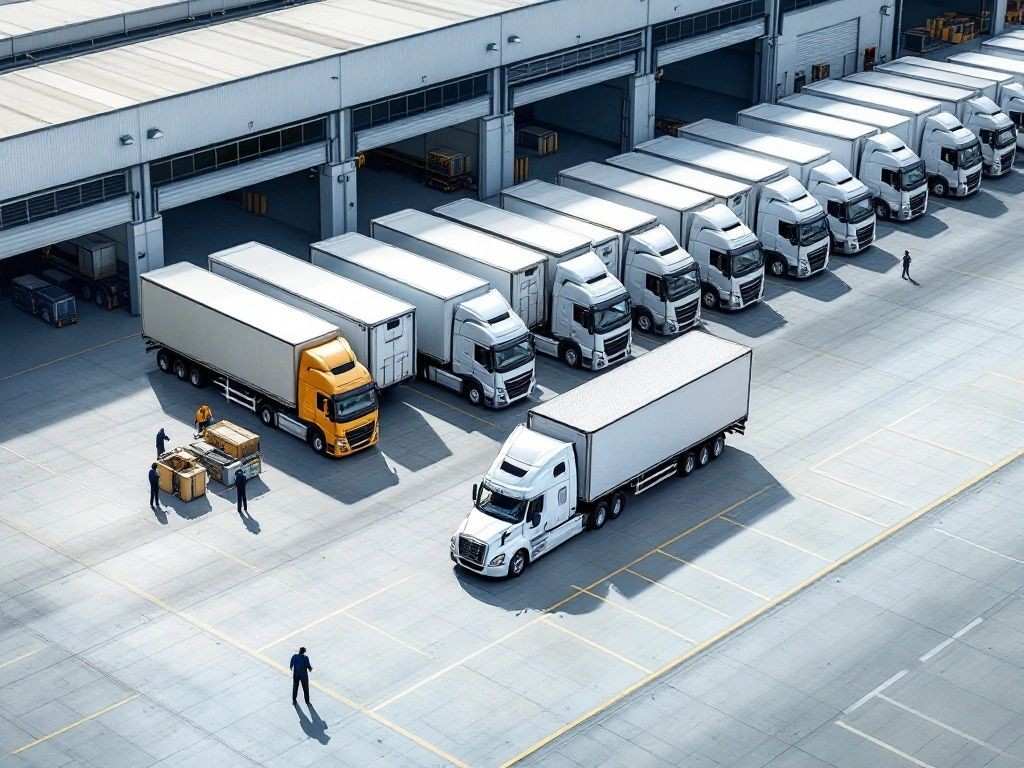 Transportation Business Growth: Trucks at warehouse terminal.