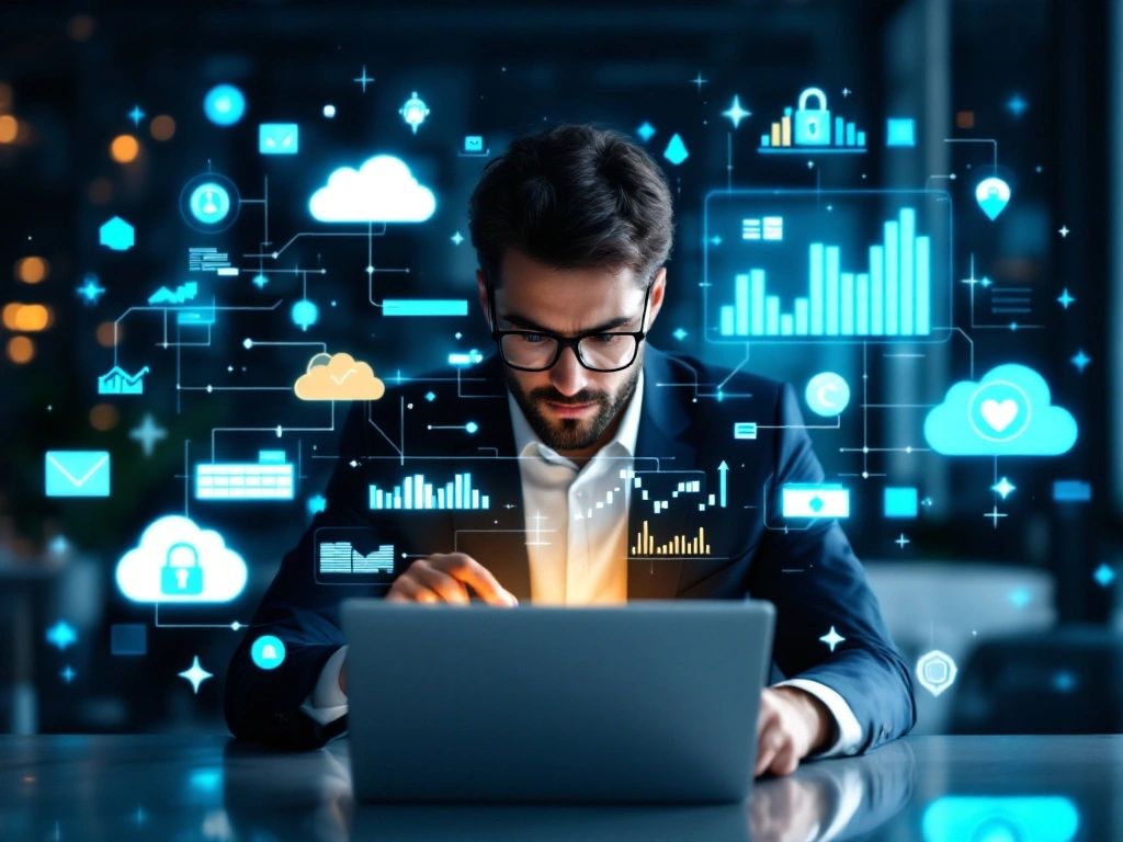 Digital Bookkeeping: Man analyzing cloud data tech.