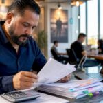 Trucking company owner organizing bookkeeping papers
