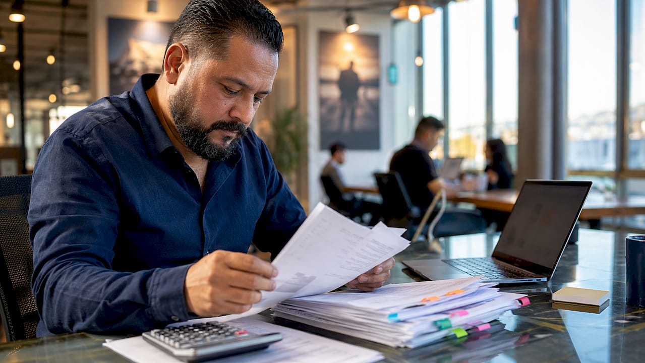 Trucking company owner organizing bookkeeping papers