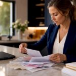 Business owner organizing tax documents at home