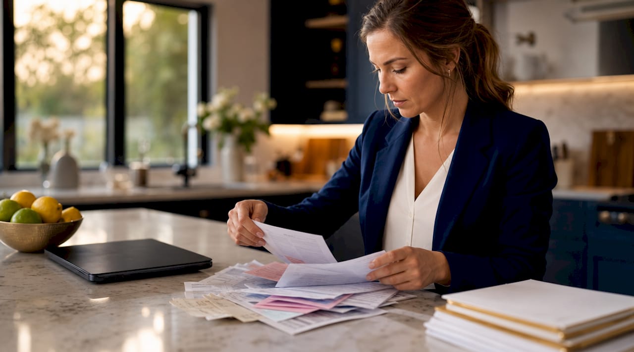 Business owner organizing tax documents at home
