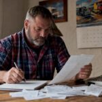 Truck driver reviewing business expenses at desk