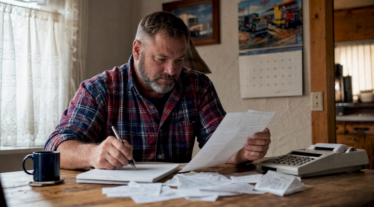 Truck driver reviewing business expenses at desk