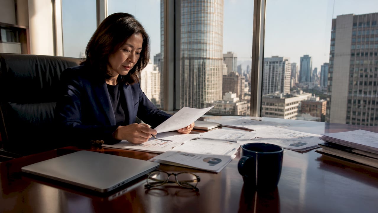 Woman reviewing financial documents in office