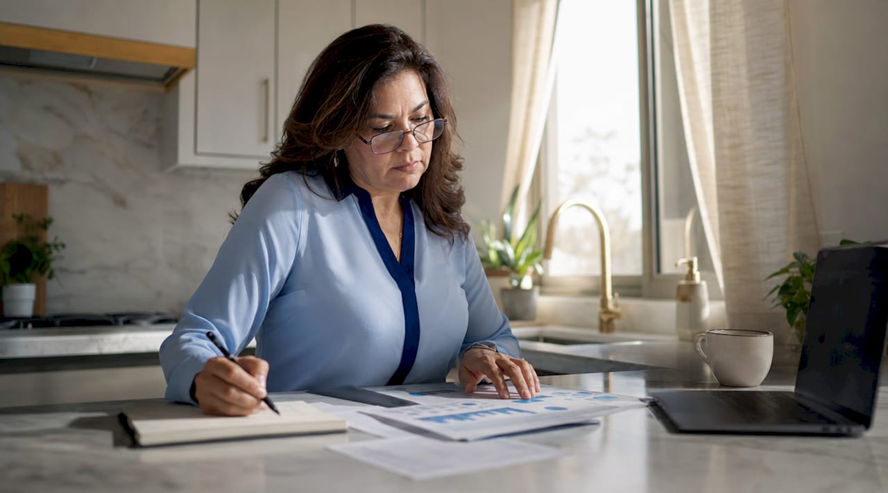 Woman reviewing monthly financial reports in office