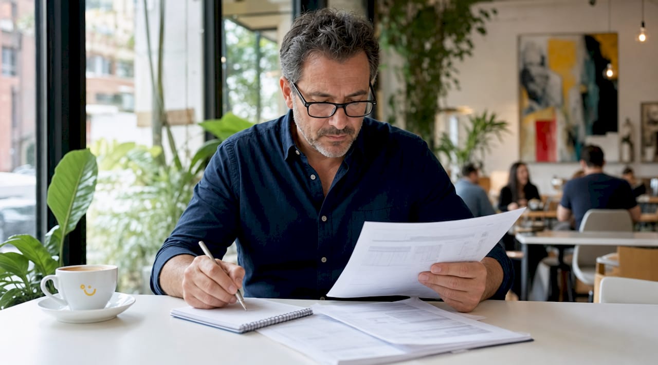 HVAC owner reviewing QuickBooks paperwork at desk