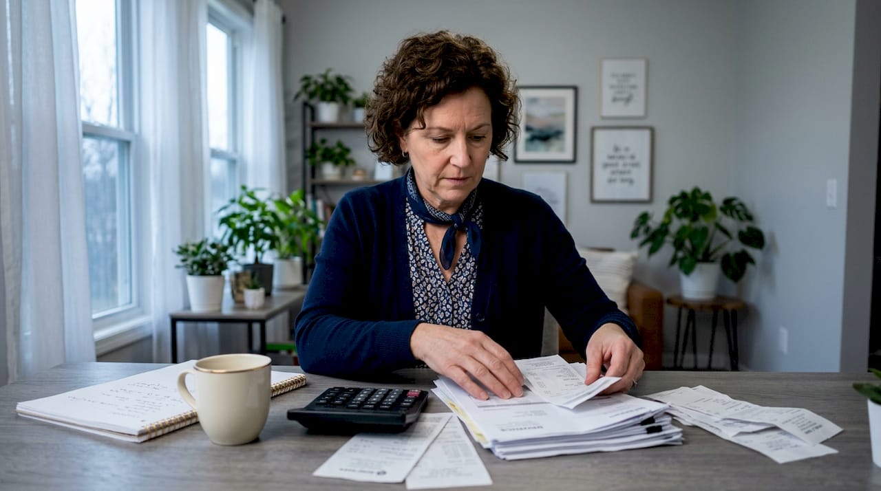 Entrepreneur sorting invoices at home desk