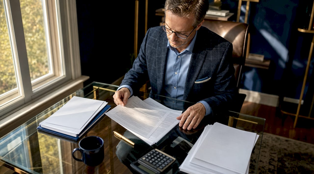 Accountant reviewing HVAC maintenance contract papers