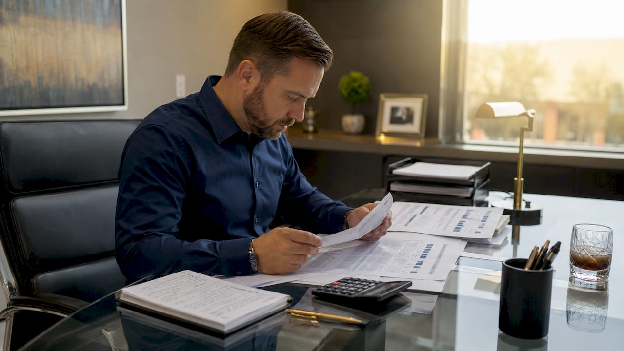 Accountant reviewing HVAC inventory paperwork