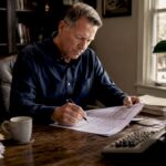 Accountant reviewing real estate accounting documents at desk