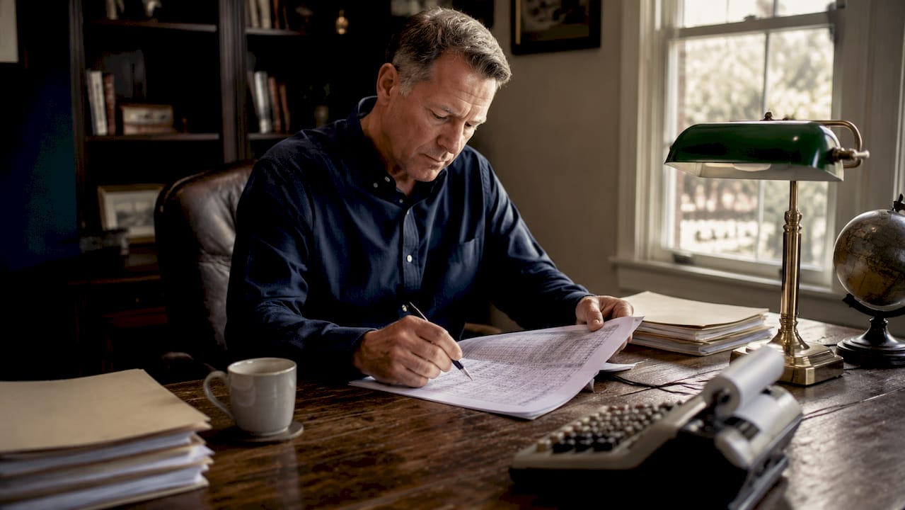 Accountant reviewing real estate accounting documents at desk