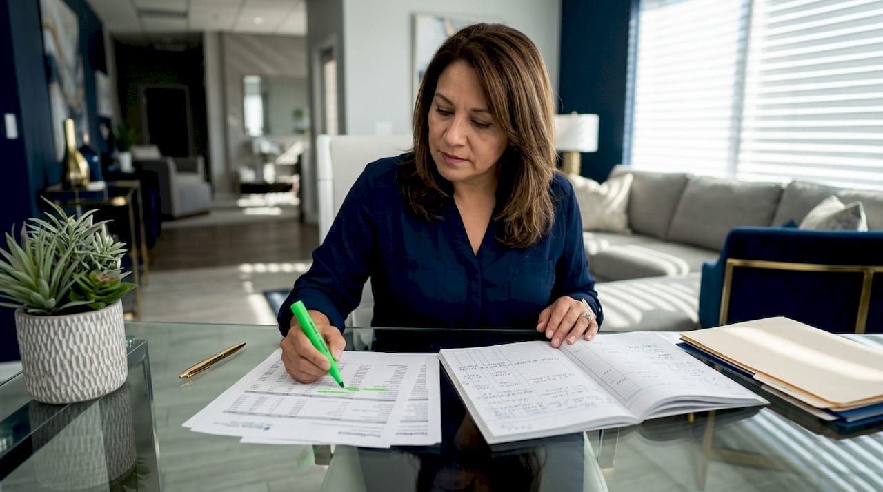 Trucking owner reviewing load profitability documents