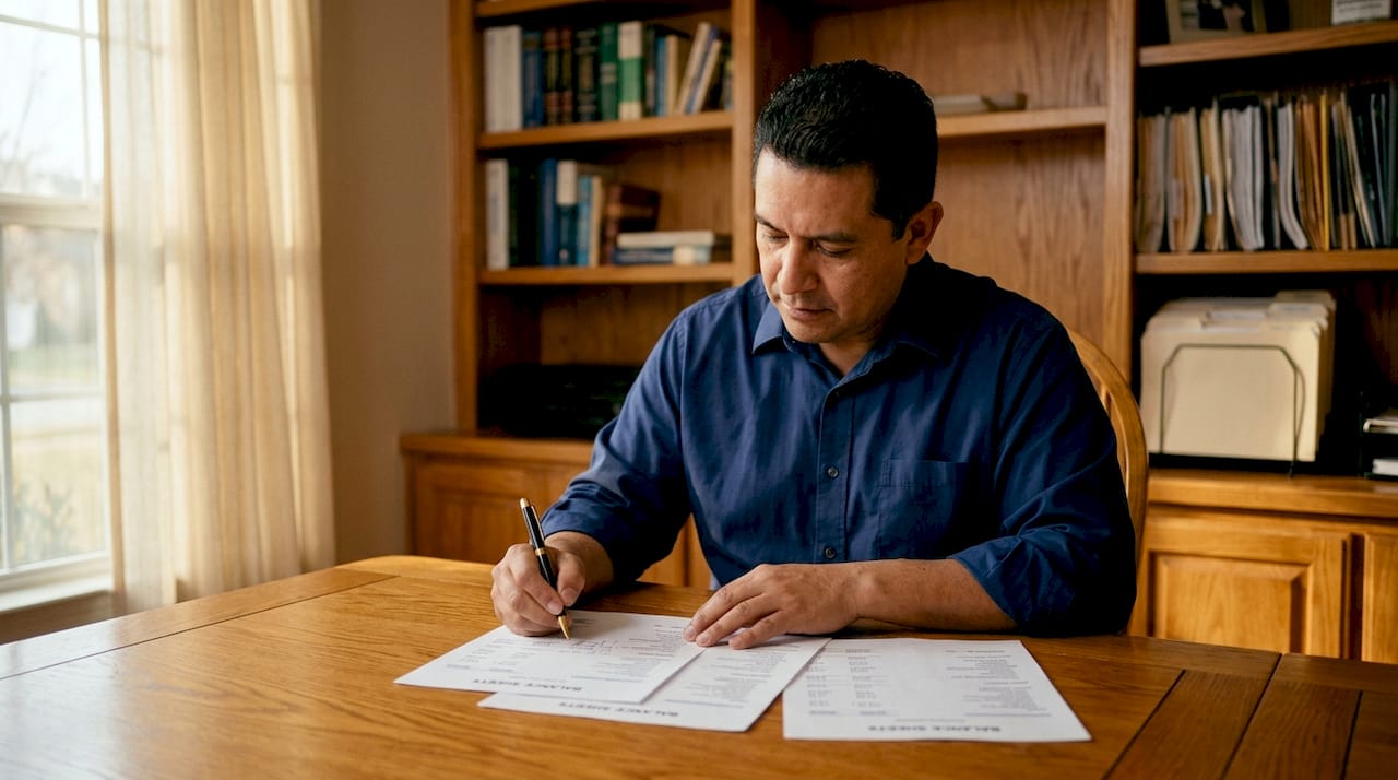 Small business owner reviewing financial documents at desk