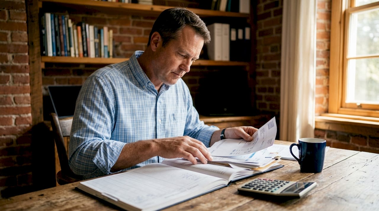 Truck owner reviewing cash flow paperwork at desk