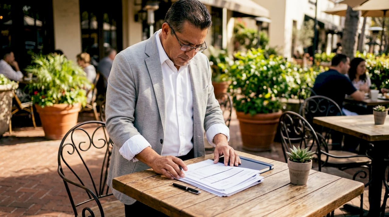 Plumbing business owner reviewing financial statements