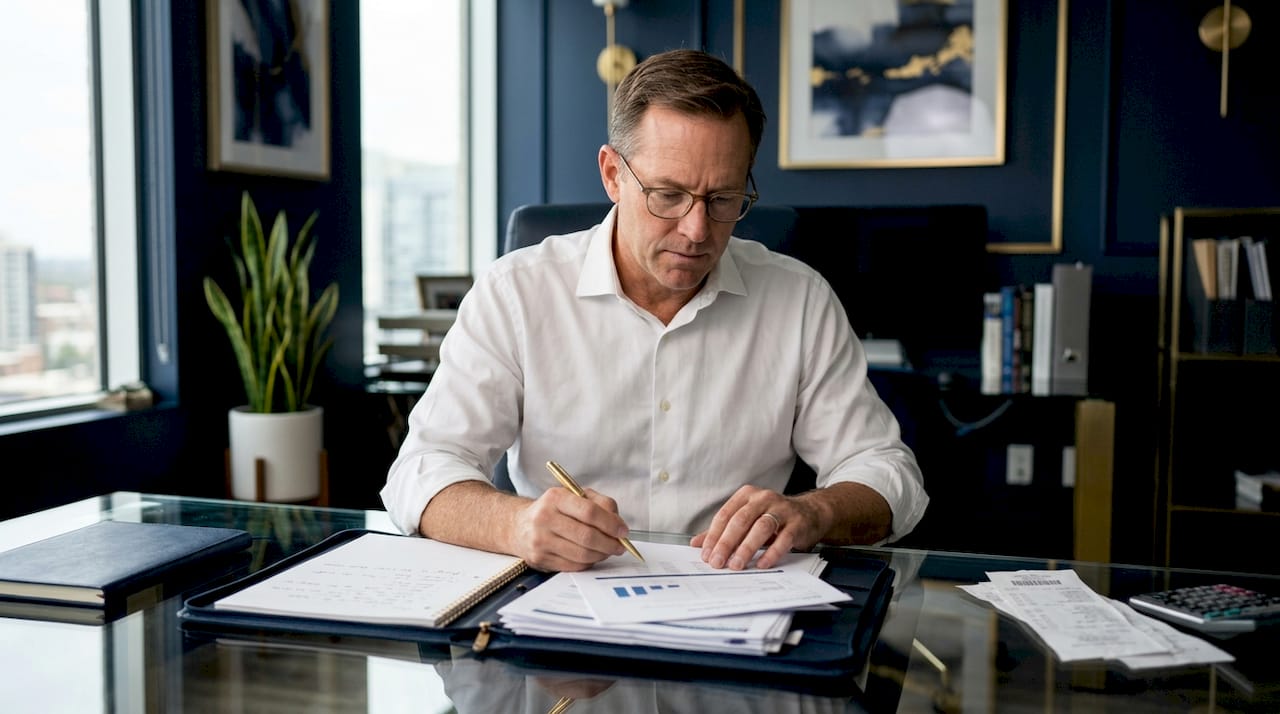 Real estate investor reviewing financial documents at home desk