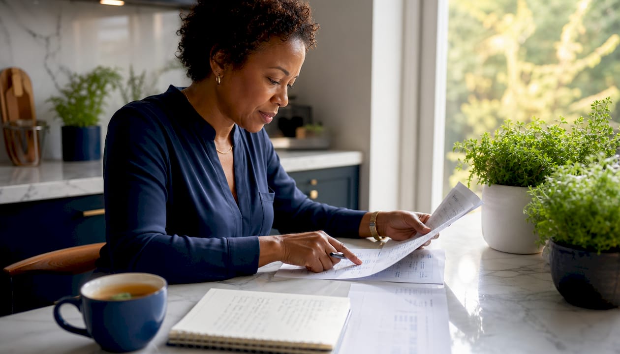 Healthcare business owner reviewing tax documents