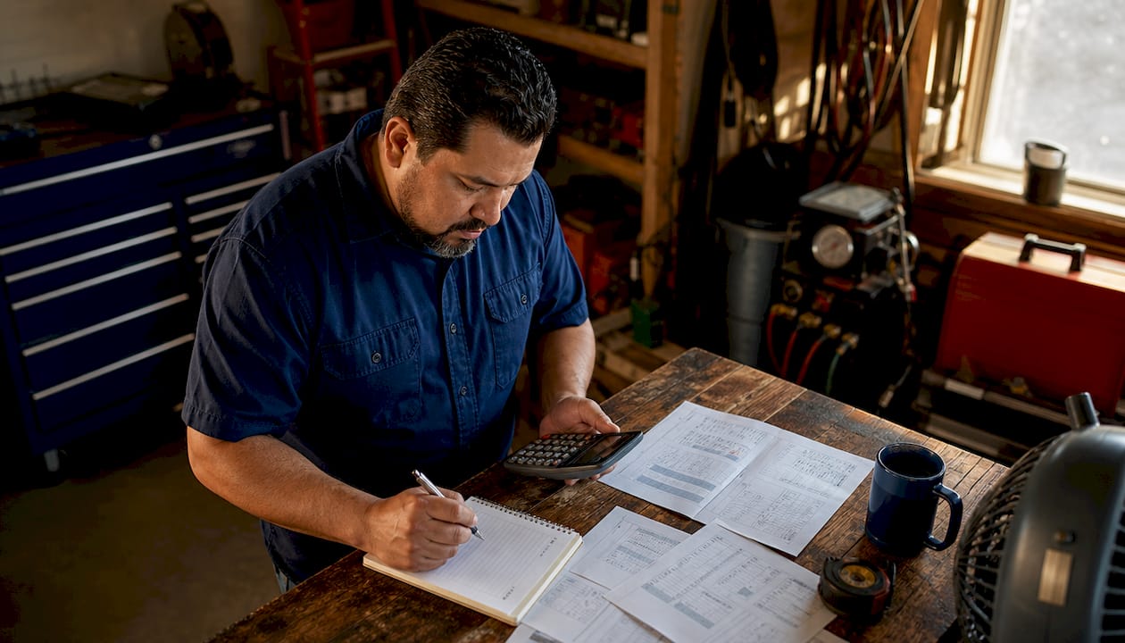 HVAC owner reviewing financial documents