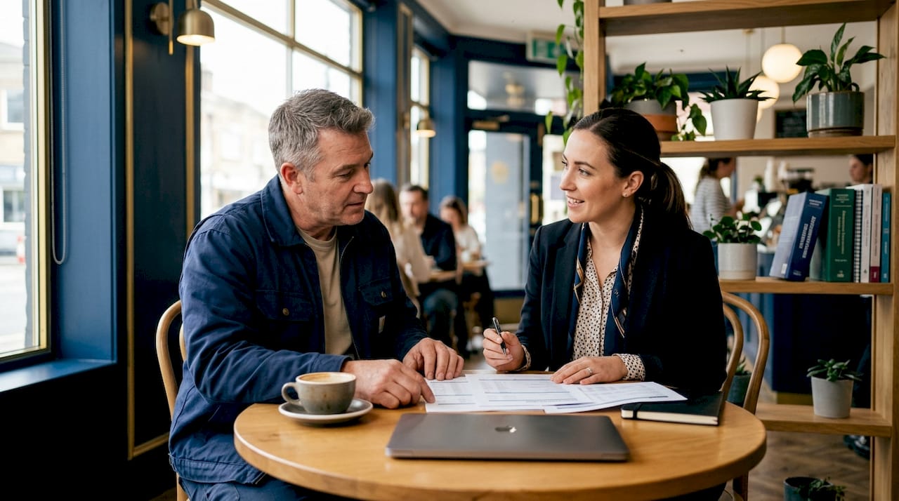 HVAC business owner reviewing financial documents with advisor