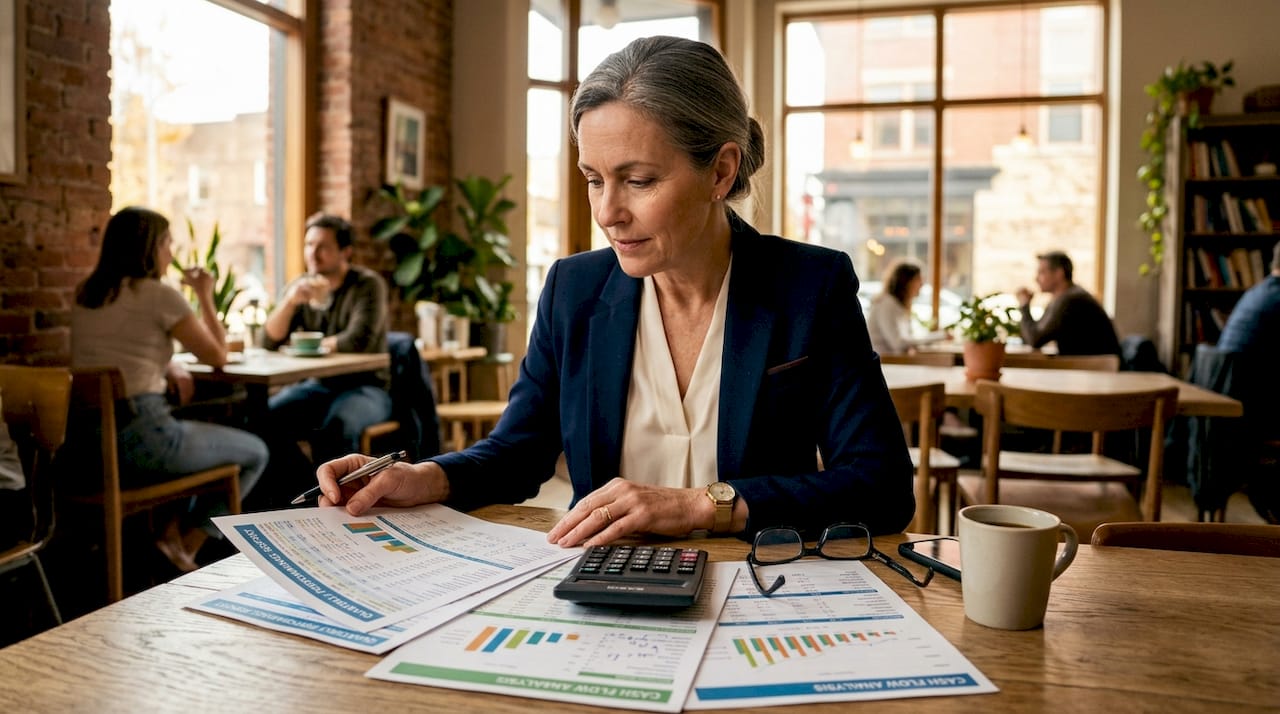 Business owner reviewing financial reports at desk with calculator