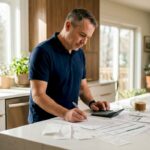 Contractor reviewing financial documents at desk