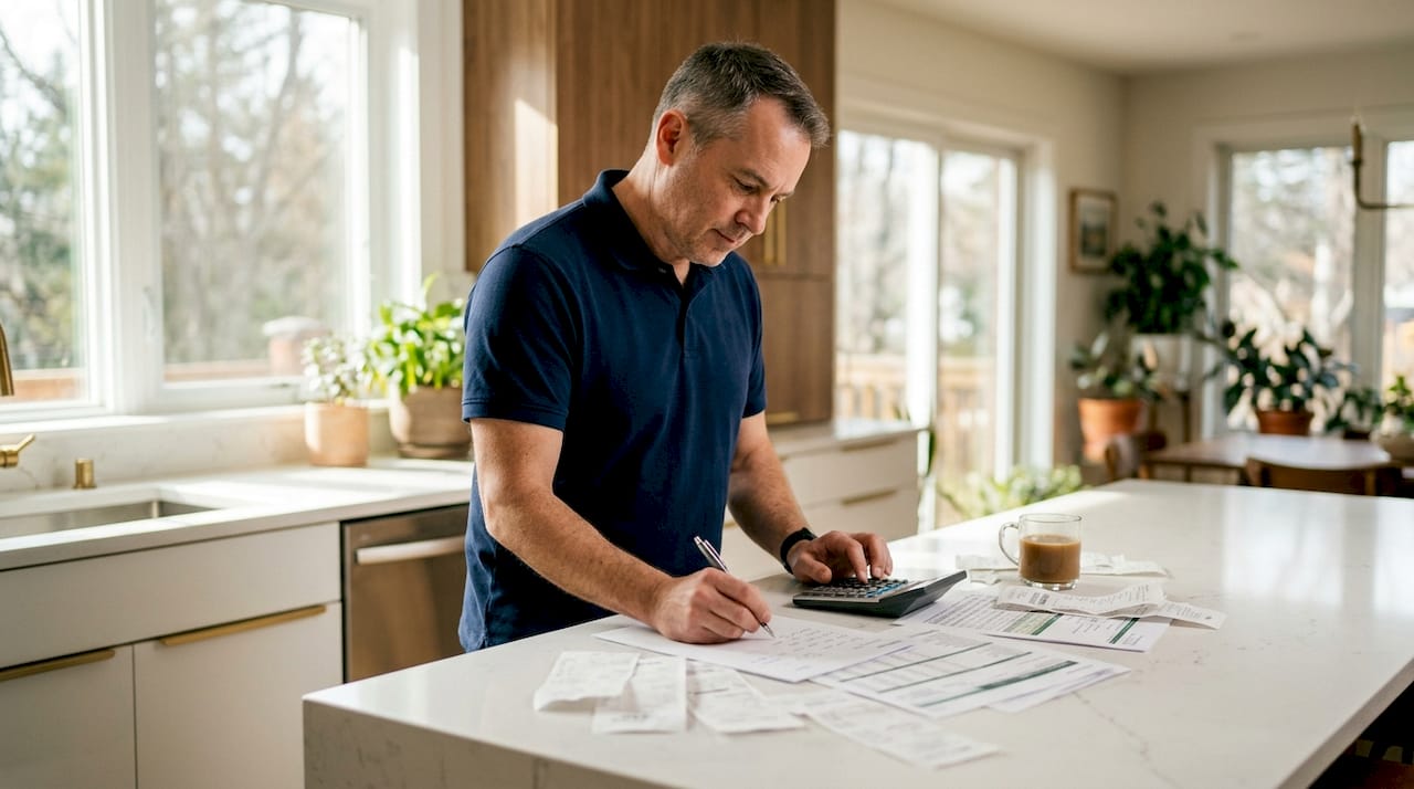 Contractor reviewing financial documents at desk