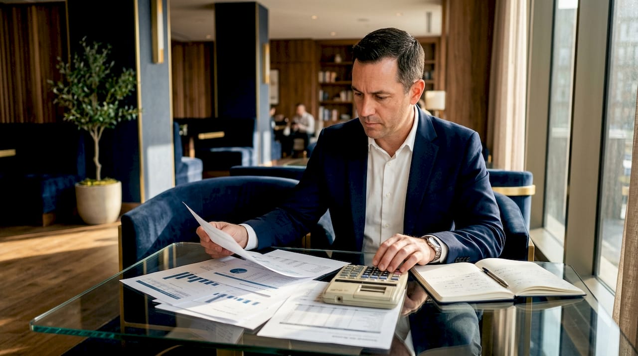 Small business owner reviewing financial reports in office