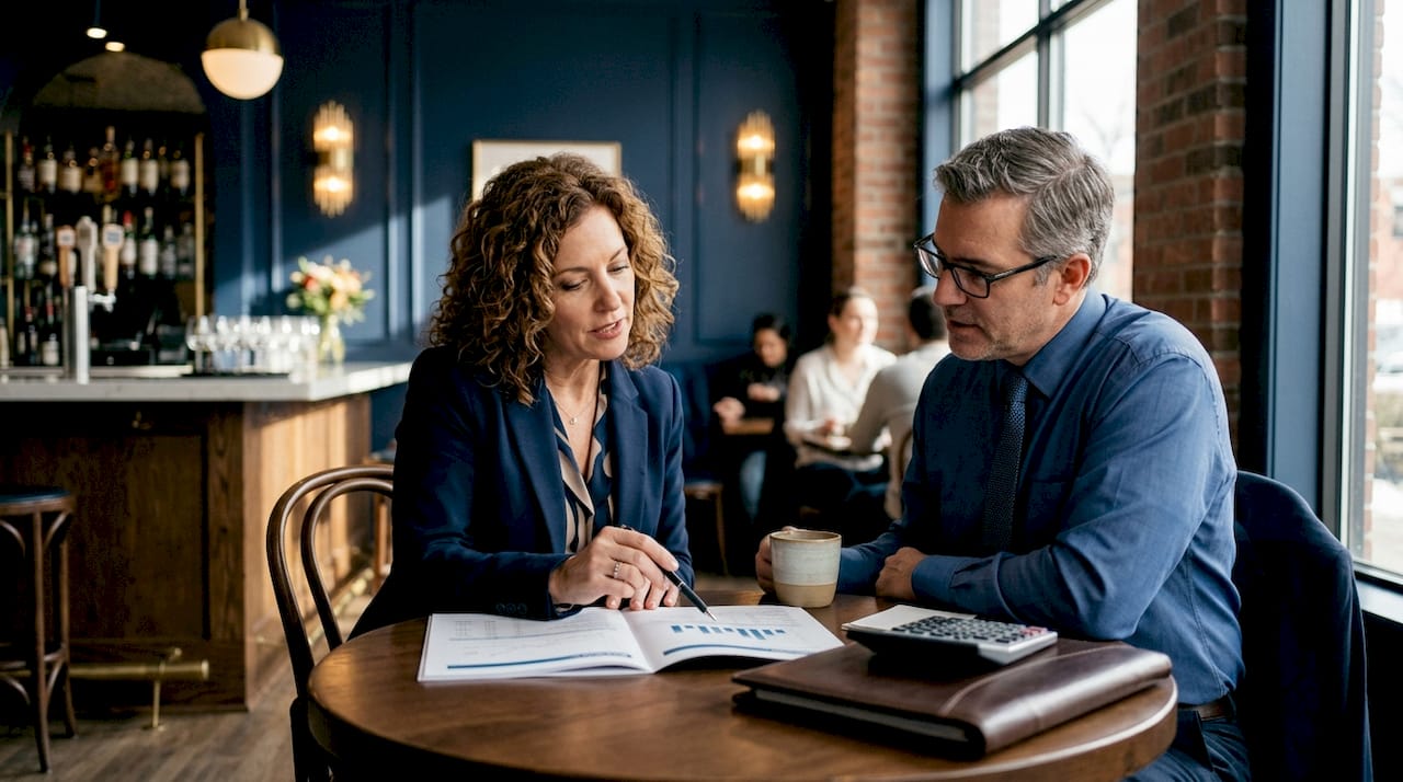 Real estate developer reviewing financial reports