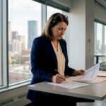 Service business owner reviewing financial statements