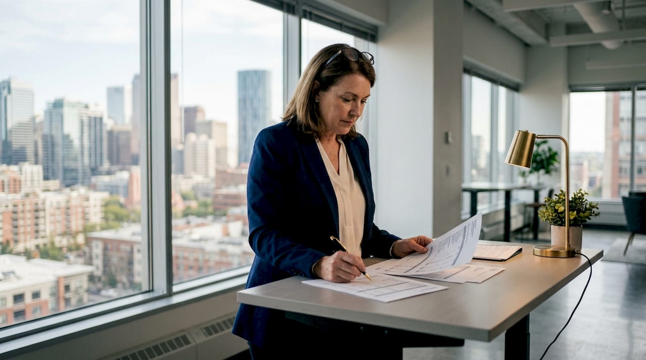 Service business owner reviewing financial statements