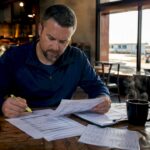 Truck owner reviewing financial reports at desk
