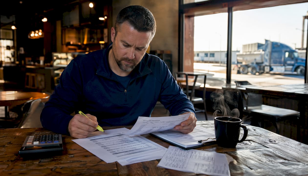 Truck owner reviewing financial reports at desk