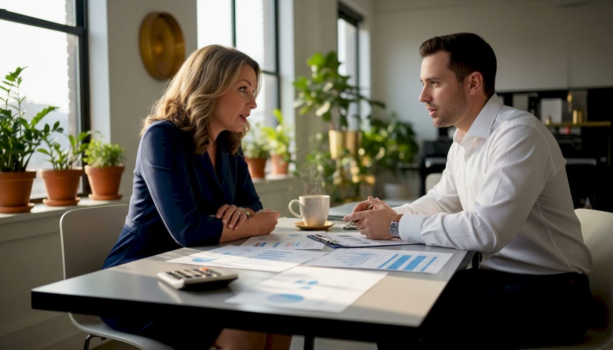 HVAC owner and accountant reviewing financial reports