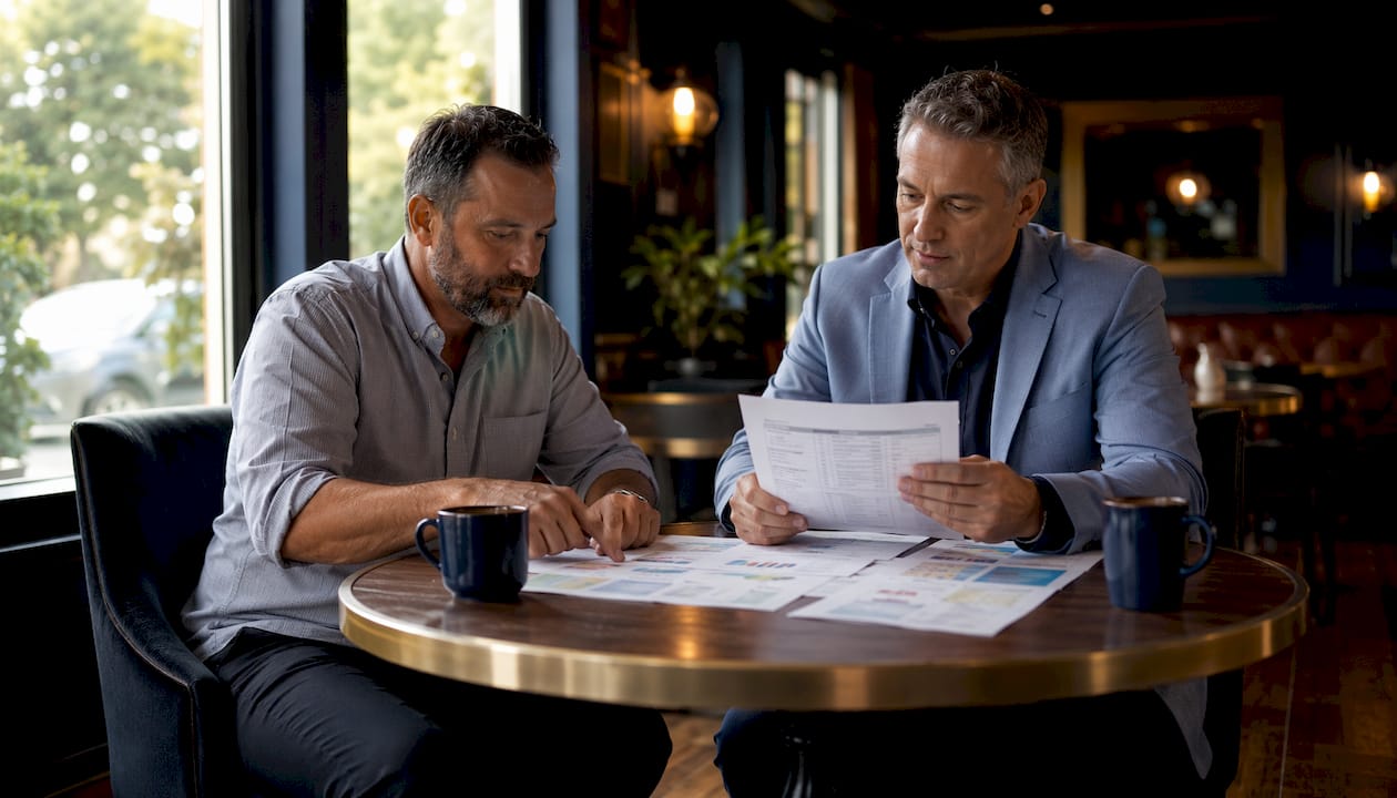Business owner and advisor reviewing financial reports