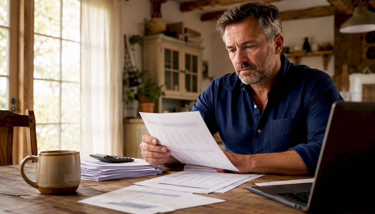 Plumbing business owner reviewing cash flow sheets