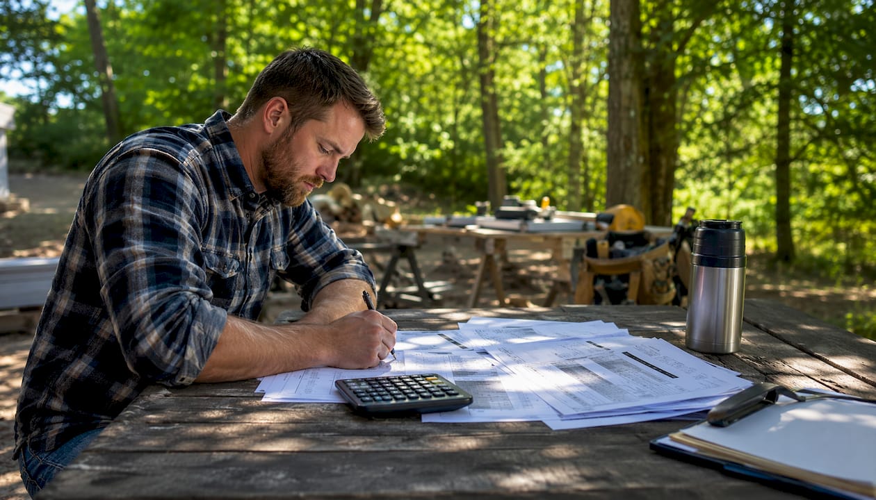 Contractor calculating job costing documents on a workbench