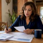 Small business owner reviewing financial bookkeeping documents
