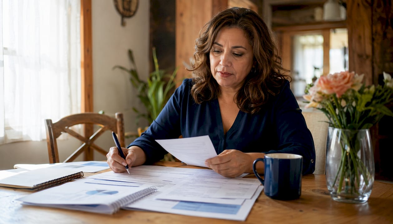 Small business owner reviewing financial bookkeeping documents