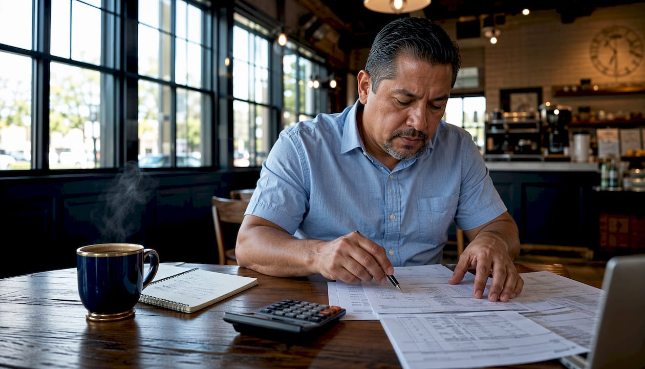 Trucking owner reviewing freight invoices