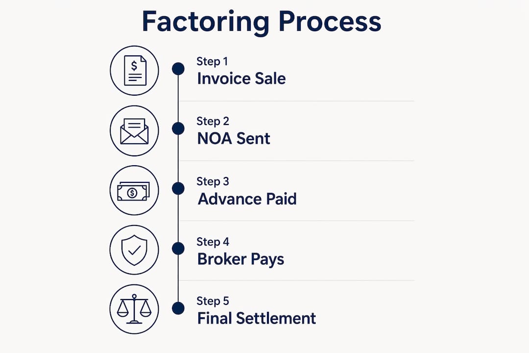 Infographic showing factoring step-by-step process