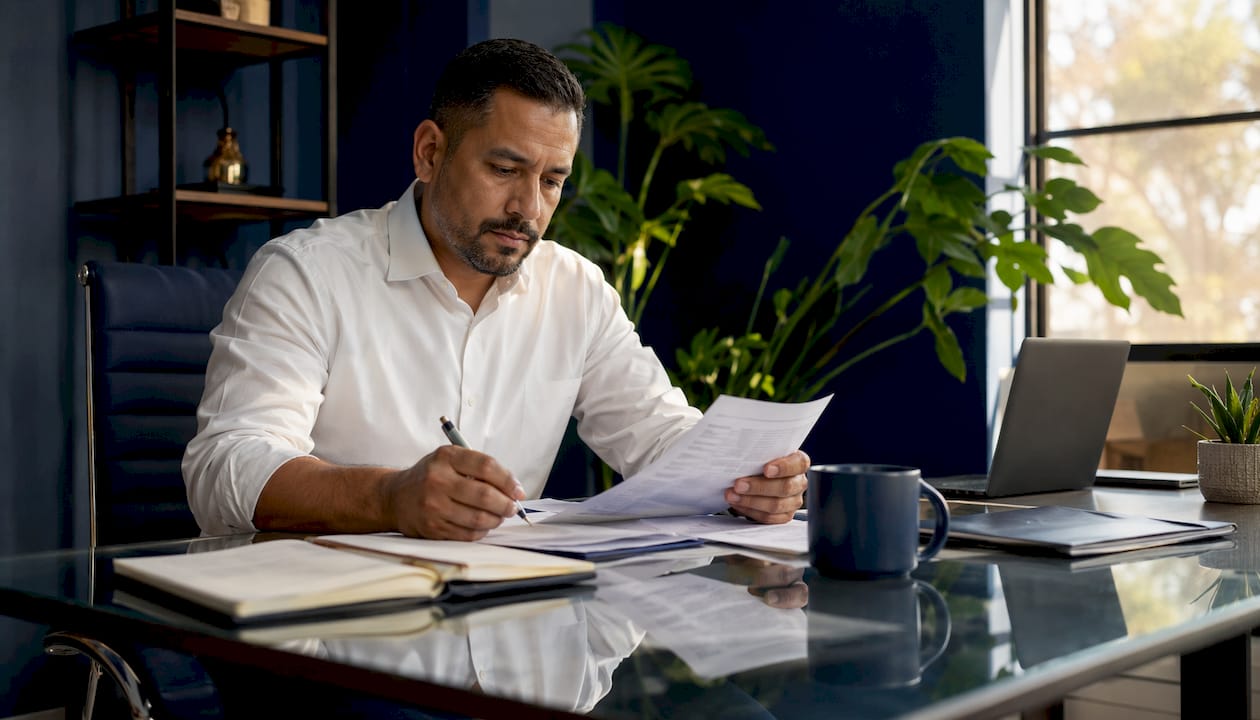 Contractor reviewing business financial documents