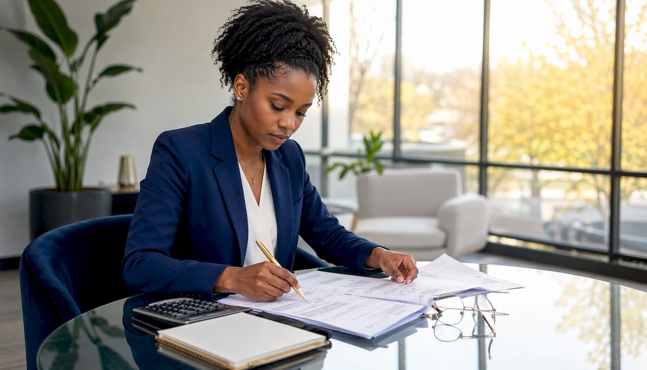 Overhead view of hands reconciling business expenses