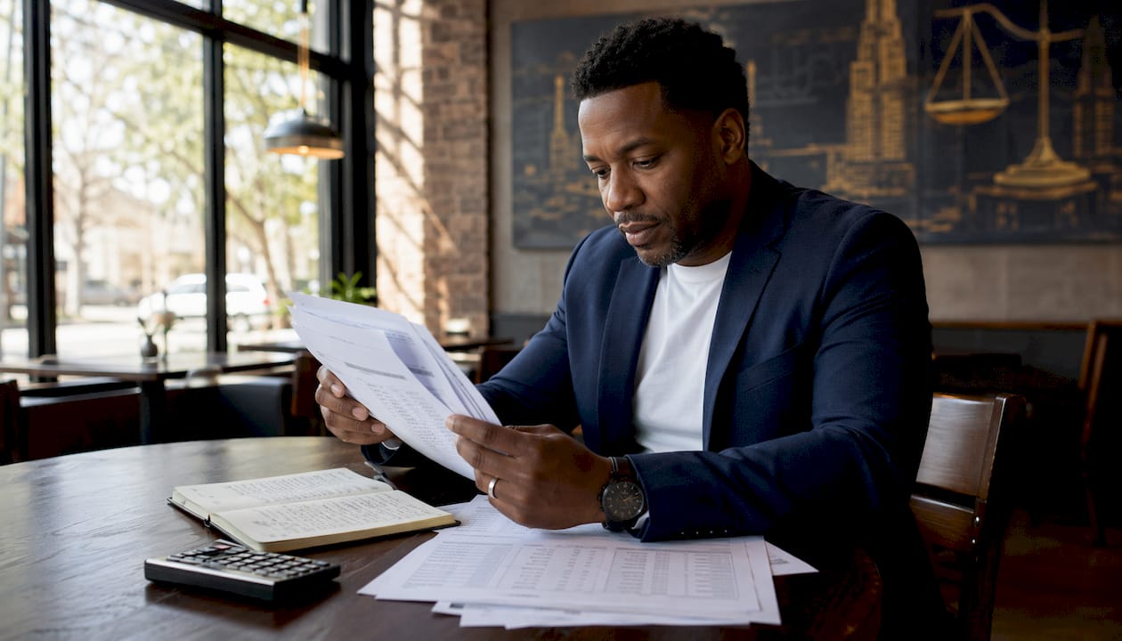 Investor reviewing real estate tax documents in office