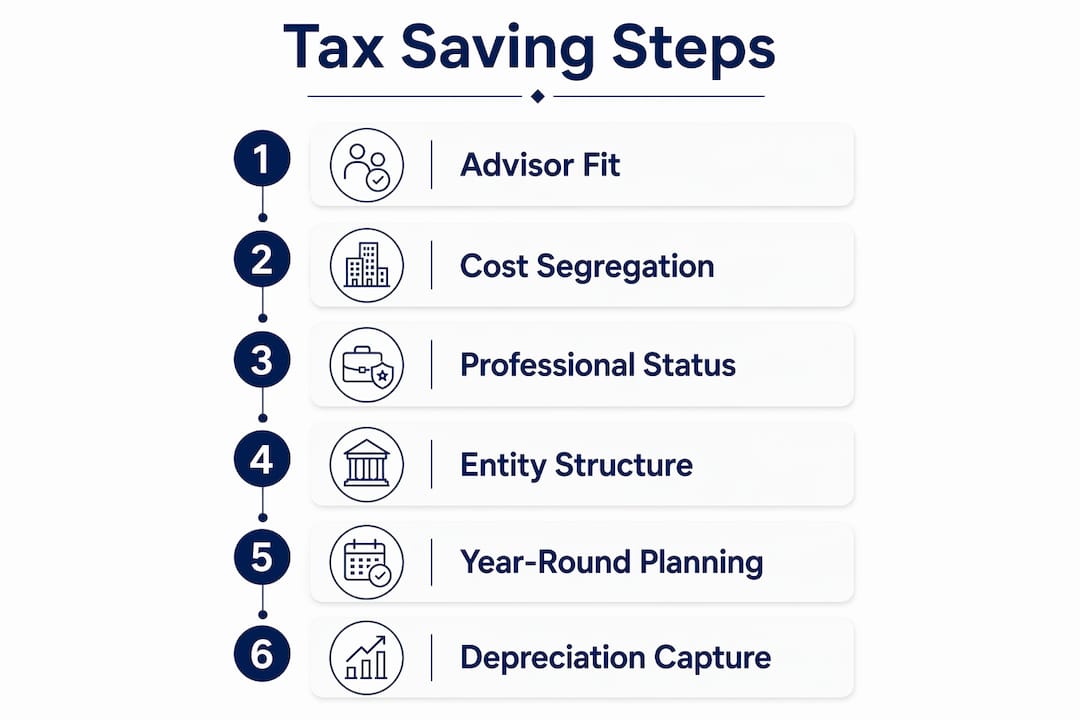 Infographic showing key tax saving steps for real estate investors
