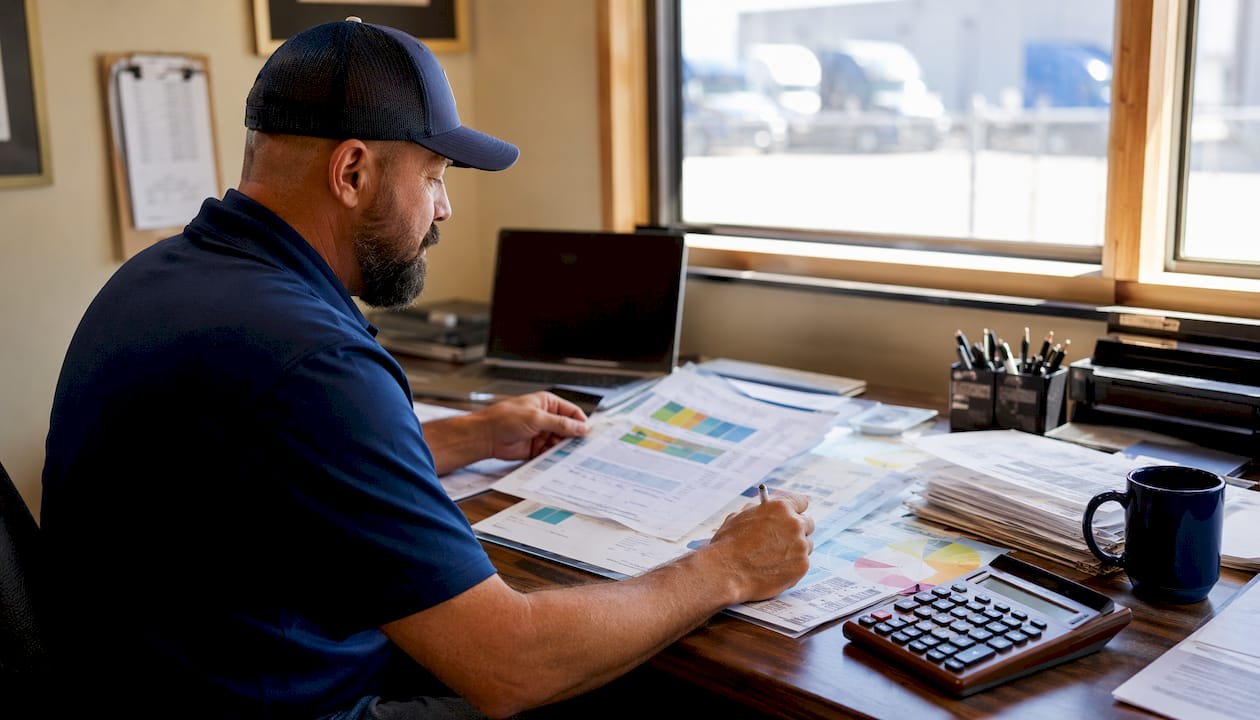 Desk with trucking cost spreadsheets and calculator