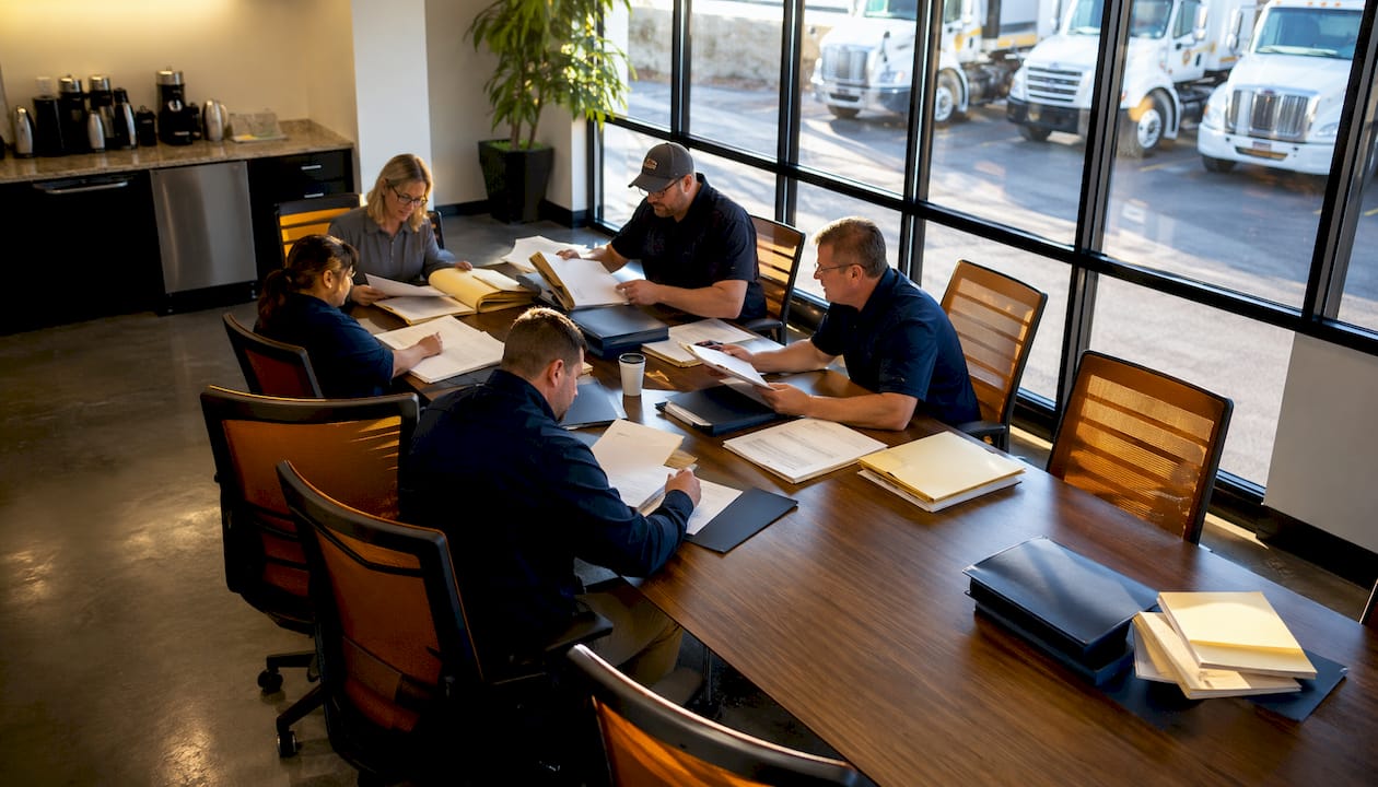 Trucking operations office with paperwork and empty desks