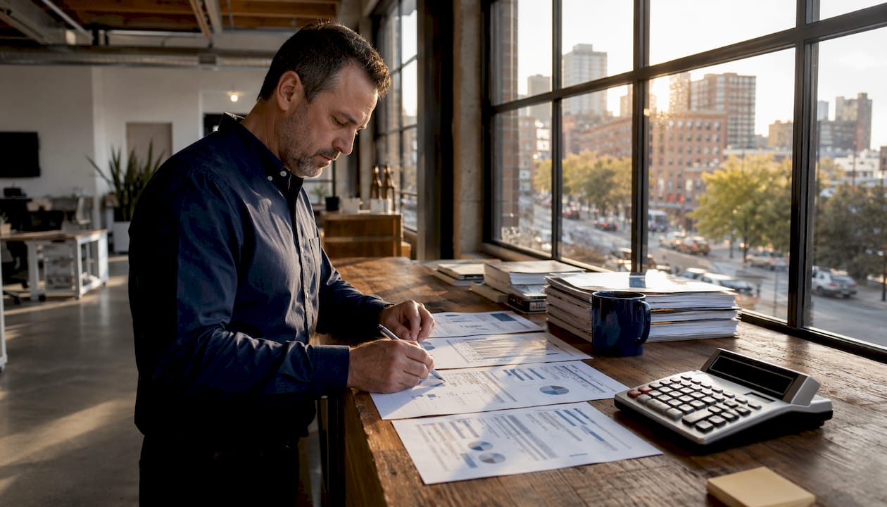 HVAC business owner reviewing financial documents