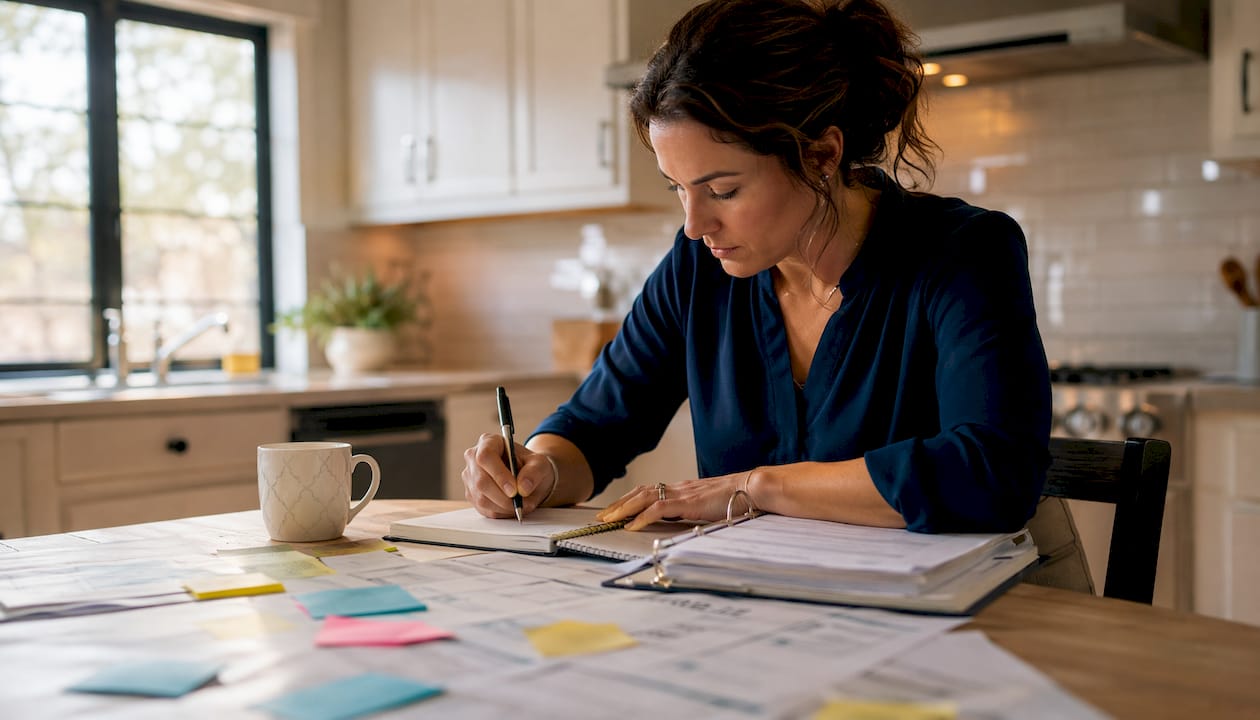 Contractor updating bookkeeping records at desk