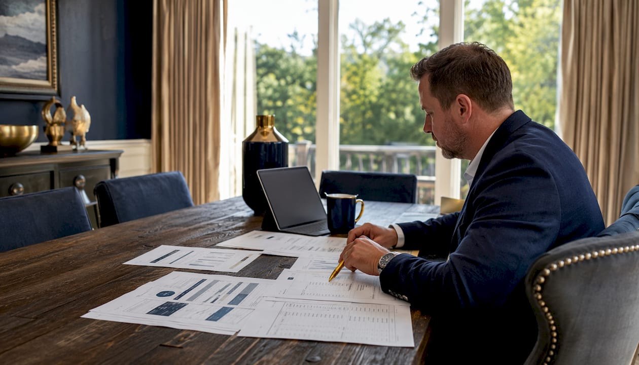 Hands reviewing job profitability reports and dashboard